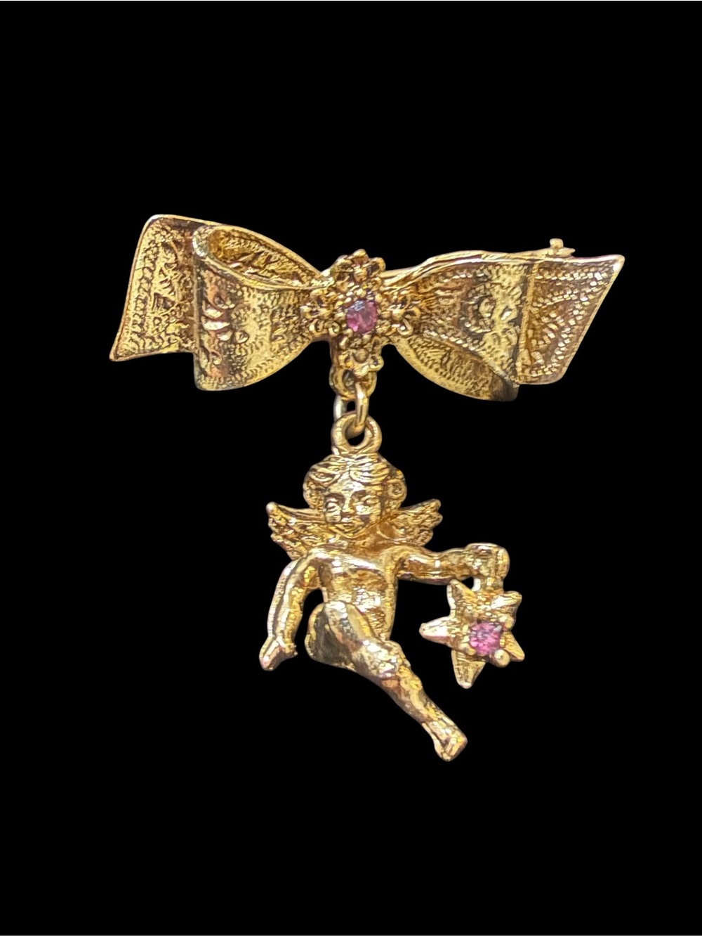 Vintage Gold Tone Bow Cherub Brooch with Purple Accents